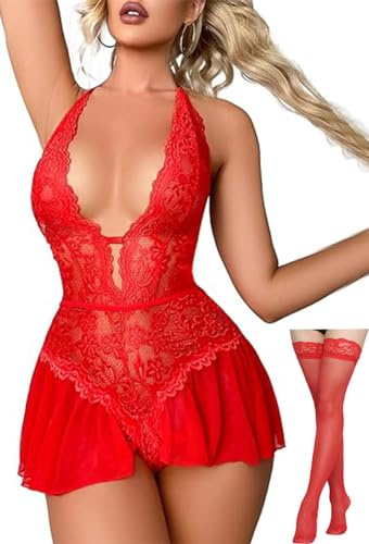 Rayson Conjunto de Lenceria con Meida Mujer Encaje Ropa Interior Cuello en V Babydoll Body Ropa de Dormir Sin Espalda Camisones(Rojo)