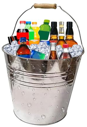 ADEPTNA Galvanised Steel Round 15L Drinks Ice Cool Bucket with Wooden Handles - Drinks Beer Cooler Cooling Bottles or Ash Bucket