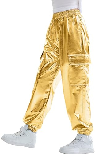 Rolanko Flickor Hip Hop Byxor Barn Cargobyxor Elastisk Jogger för Streetwear Dans, Guld, 11-12 År