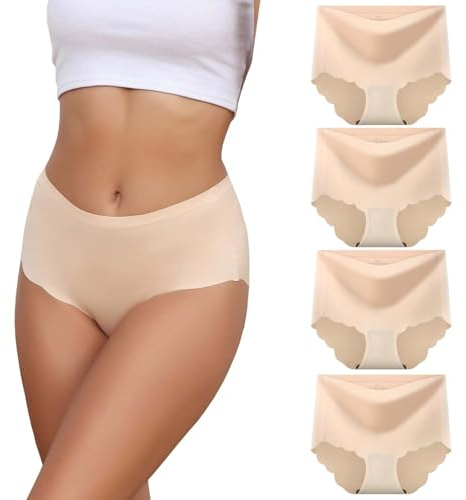 Dumwis Culotte sans Couture Femme, Culotte Invisible Taille Haute, Doux Elasticité sous-Vêtements de Sport, Microfibre Respirant Shorty Femme Lot de 4 (S-3XL)