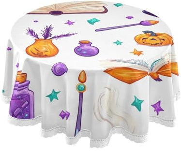 JUMBEAR Mantel redondo de poliéster circular con escoba y sombrero de bruja, hermoso mantel resistente al agua, a prueba de derrames, para comedor, cocina, fiesta, 60 pulgadas