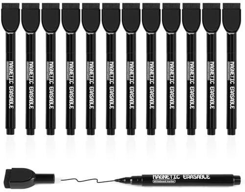 Autoau Whiteboard Stifte, 12 Stück Magnetisch Whiteboard Marker Schwarz Trocken Folienstift Abwischbar Fein, Geruchsarmer White Board Marker Pens mit Schwamm für Zuhause Schule Büro