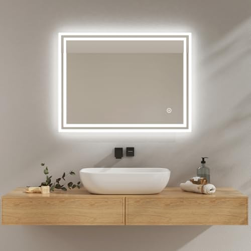 EMKE Specchio LED Bagno 80x60 cm, Specchio Bagno con Illuminazione, Luce Bianca Fredda Dimmerabile, Specchio da Parete con Interruttore Touch IP44, Risparmio energetico