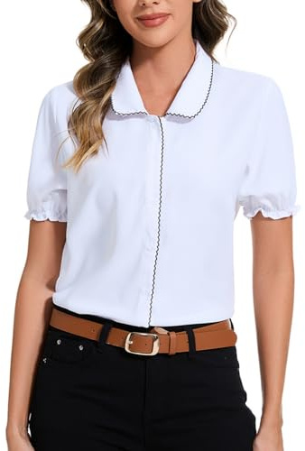 YOUNIFIZ Camicetta da donna con colletto Peter Pan all'uncinetto Trim 2025 Vintage Work Puff manica corta button down camicia, bianco, XXL