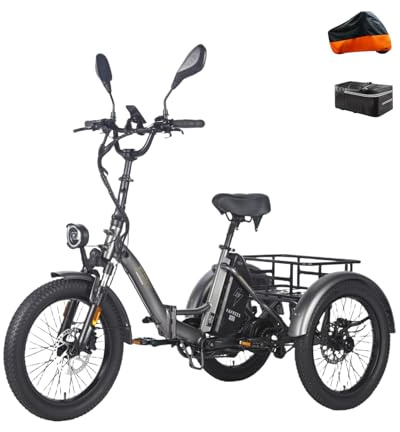 Fafrees Triciclo eléctrico de 20 pulgadas x 3,0 pulgadas, F20 Mate e-Bike triciclo plegable, triciclo de carga 48 V 18,2 Ah, batería e Bike 3 ruedas 65 N.m (cesta trasera de equipaje), color gris