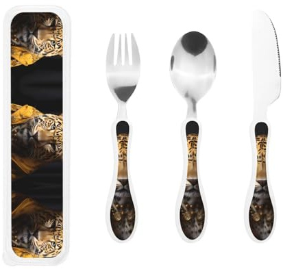 Leopard in a leather jacket Print Knife, Fork and Spoon Set - Stainless Steel Flatware Set, Birthday Party, Durable Kitchen Utensils