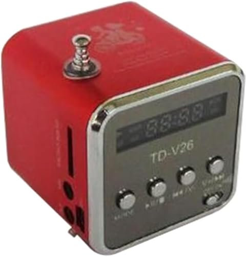 Mini radio numérique TD V26 - Petite enceinte portable rétro sur secteur et batterie - Mini haut-parleur stéréo MP3 MP4 - Portable - Fm - Support tendance - Carte TF et lecteur USB (rouge)