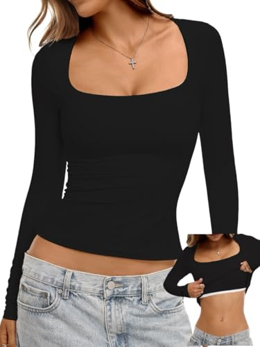 Danysu Womens Built in Bra Long Sleeve Tops Sexy Low Cut Going Out Tees Fashion Doubled Lined Auturm Layering Shirts Black S