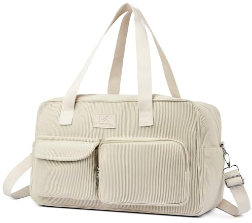 Micmores Ryanair Cabin Bags 40x20x25, Underseat Travel Duffle, Corduroy Aesthetic Weekender Sport Gym Tote Mum Hospital Bags for Women with Trolley Sleeve & Wet Pocket (Beige)