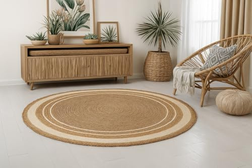 MY-RUG Jute Teppich rund 90 cm | Sisal-Teppich Wohnzimmer | handgewebter Juteteppich | flach gewebter Sisalteppich | Wohnzimmerteppich in Sisal-Optik aus Naturfaser | Jute Rings Creme Natur