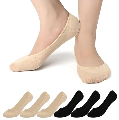 ADUDVLO 6 Pairs No Show Socks Womens, Cotton Low Cut Liners Non Slip Footies for Flats Hidden Invisible Liners Boat Socks (UK, Alpha, S, Regular, Regular, Black*3+Skin*3)