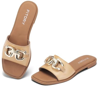 FITORY Women Flat Sandals Slip On Leather Slide Summer Size 4-9 | Ladies Dressy Casual Stylish Fashion Shoes, Open Toe with Gold Chain Accent, Comfort for Holiday, Beach, Pool