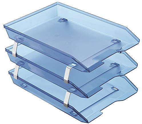 Acrimet Vassoio Facility Portalettere a 3 Ripiani/Organizzatore di Documenti per Scrivania, Frontale A4, Plastica (Colore Blu Trasparente)