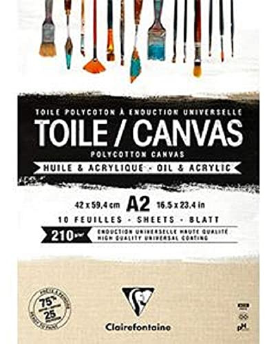 Clairefontaine - Ref 975212C - Färdig att måla kornig duk (10 ark) - A2-storlek, 210 gsm papper, syrafri, pH-neutral - sandig - lämplig för olja och akrylfärg