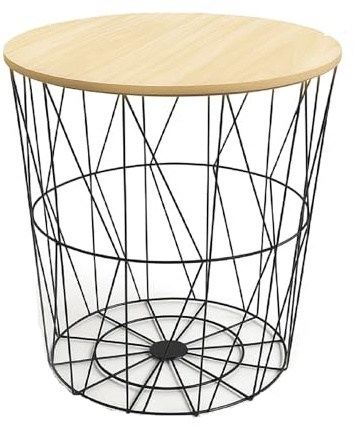 HOMION Modern Round Wire Metal Storage Basket Side Table Bedroom Balcony Corner Tea Table (Black, Small)