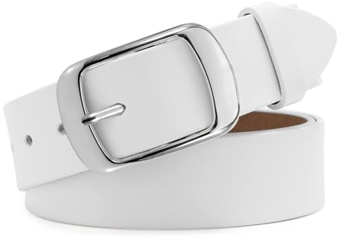 WHIPPY Women Leather Belts for Jeans Pants Fashion Dress Belt for Women with Solid Pin Buckle, White, M