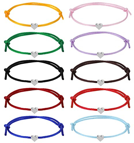 Bestomrogh 10 Pcs Heart Rope Bracelets Couple Bracelets, Adjustable Friendship Bracelets Long Distance Matching Bracelet Jewelry Gift for Best Friends Lover Couple Mens Teen Girls