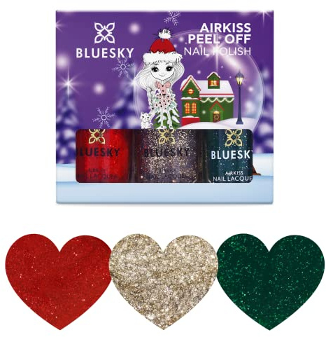 Bluesky Nail Varnish Set – Christmas Glitters Collection. Green, Gold, Red. Easy Peel-off, Non-Toxic, Water- based, Odour-free Nail Polish for Kids, Gift Set, 3 x 5ml with Stickers