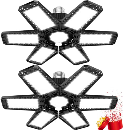YIQIBRO Lampada da Garage 185W 2 Pezzi, 18500LM 6500K Plafoniera LED Garage Deformabile con 6+1 Pannelli Regolabili, E27/E26 Officina Plafoniera per Magazzino, Ufficio, Cantina, Palestra, Negozio