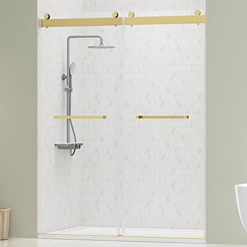 DELAVIN 56-60 W x 75 H Frameless Shower Door, Double Sliding Shower Door, Glass Shower Door with 5/16 (8mm) Clear SGCC Tempered Glass, Explosion-Proof Film, Stainless Steel Hardware, Gold