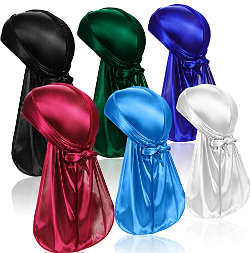 TSKNOMO 6 unidades de seda para hombres Durag, pack Durags Do Rags con cola larga y correa ancha para hombres y mujeres, 6 colores