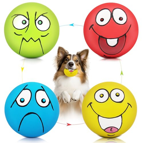 HDSX 4 Pack 2.8 Smiley Face Squeaky Dog Toys Soft Dog Balls Latex Rubber Squeak Dog Toys for Small Medium Puppy Pet Dogs (Flat Ball)