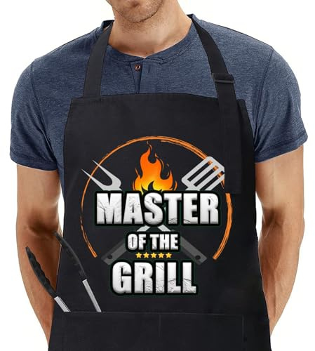 umboom Personnalisé Tablier de Cuisine, Réglable Chef Tablier avec 2 Poches pour Homme et Femme, Noir Tablier Cadeau pour Fête des Pères, Fête des Mères, Saint-Valentin, Noël, Nouvel An (Grill)