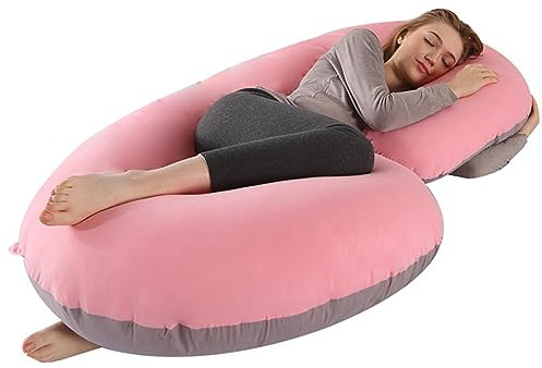 CALIYO Schwangerschaftskissen C-Form, Seitenschläferkissen mit Bezug, Stillkissen groß, Pregnancy Pillow und Komfortkissen für Erwachsene, Polsterung aus Baumwolle (Rosa-grau, Kristallvelour)