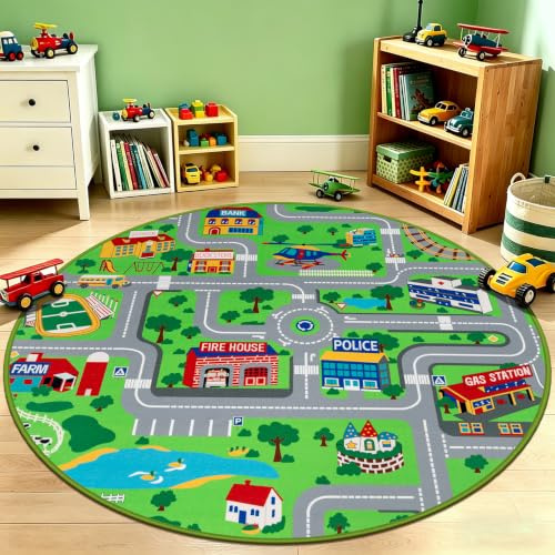 Capslpad Kinder Spielmatte ø120cm rutschfeste Kinderteppich Spielmatte für Spielzeugautos Waschbar Stadt Straßen Kinder Spielteppich Interaktives Auto Teppich für Kinde Spielzimmer Schlafzimmer Dekor