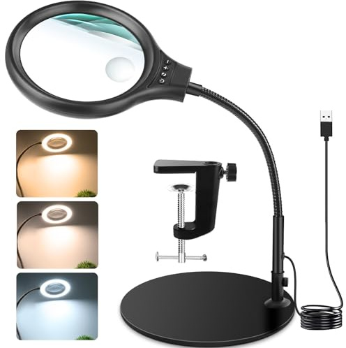 JUOIFIP förstoringsglas 10 x 20 med ljus och stativ, 2-i-1 LED-upplyst förstoringsglas flexibel svanhals stor bas och klämma, för hantverk läsning nära arbete