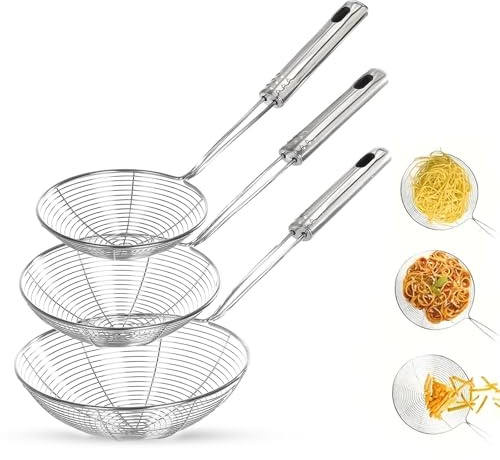 AEX Stainless Steel Spider Strainer - Set of 3 Skimmer Spoons for Pasta