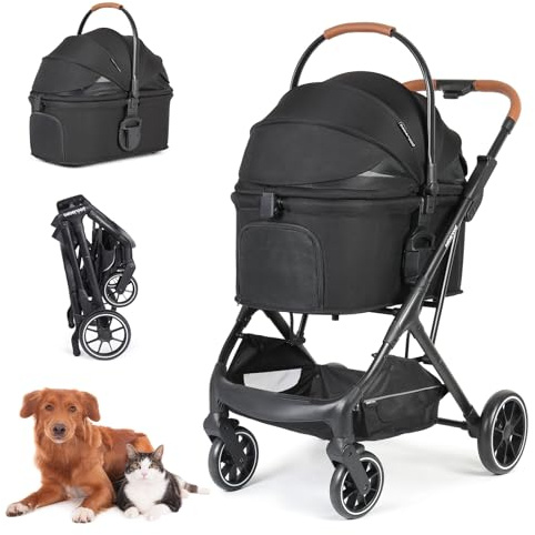 Beberoad T6 Pet Stroller Dog Pram for Small Medium Dogs Under 66lbs, Black | 3-in-1 Foldable Pet Pram Dog Pushchair with Mattress and Detachable Carrier