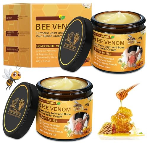 2 PCS Crème pour les Articulations au Venin d'abeille et au Curcuma,Bee Venom Treatment Cream pour le cou, la taille, le dos, les mains,2*60g