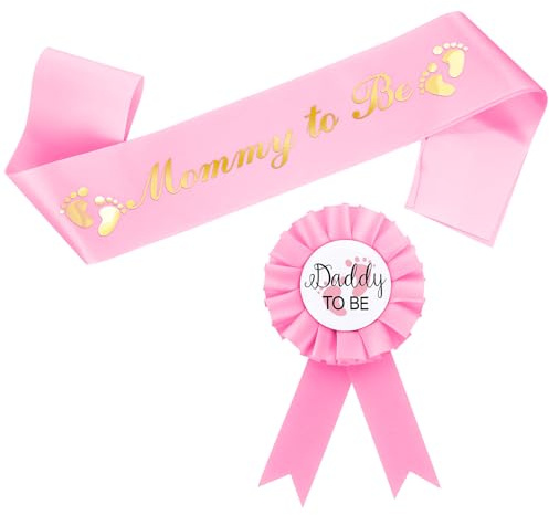 Écharpe « Mom to Be » avec lettres dorées à paillettes et badge « Expecting Dad » - Livré avec ruban, décorations de fête prénatale pour fille - Cadeau de fête (rose)