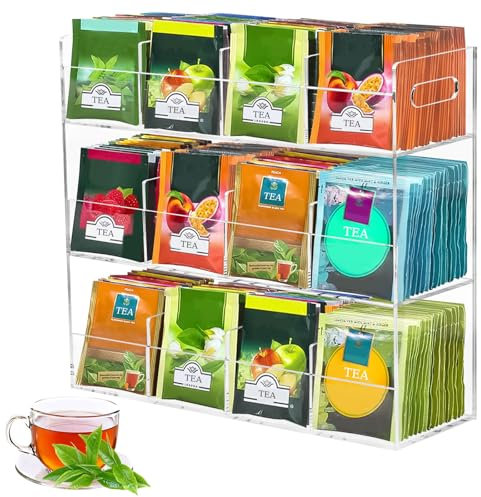 Box Porta Tè e Tisane, Scatola per Bustine di Tè, 12 Scomparti, Contenitore per Bustine di Tè in Acrilico, Zucchero, Cialde di Caffè, Organizer per Bustine, Plastica, Trasparente, 29.6x9.8x26.4 CM