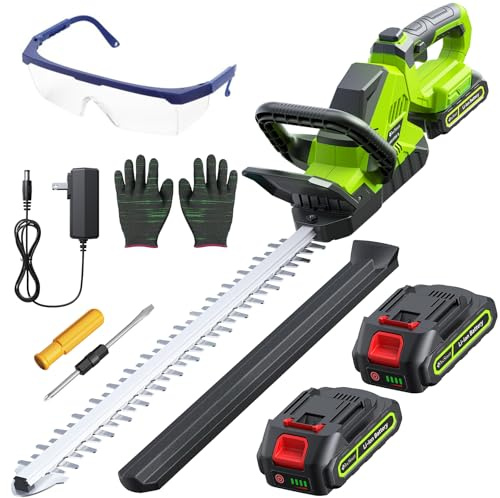 20'' Hedge Trimmer Cordless with Battery, 3000RPM Electric Handheld Bush Clipper with 2pcs 2000mAh Rechargeable Batteries, 180° Rotatable Head, 2/3'' Blade Gap Green