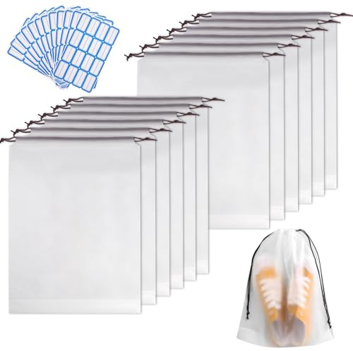 12 stycken 30 × 40 cm transparent skoväska, skoväska resa set, PE skoväska, skoväska med dragband resa, skoväska resa vattenavvisande, med 10 etiketter, för resor, vardag