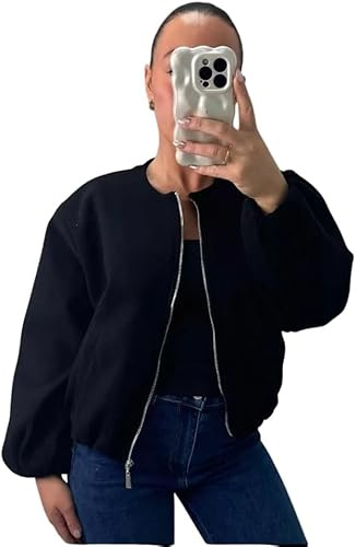 Pretty Attitude Women’s Classic Plain Bomber Zipper Jacket, Ladies Balloon Sleeve Elegant Full Zip Lightweight Winter Warm Short Coats (UK, Numeric, 8, 10, Regular, Regular, Black)