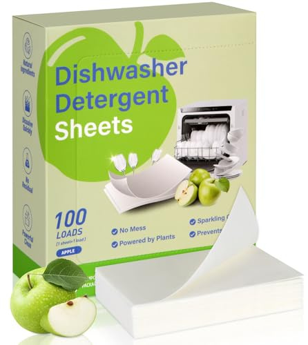 AOOWU Dishwasher Sheets, 100 Pieces Eco-Friendly Alternative to Dishwasher Tablets, Plastic-Free & Sustainable, Dishwasher Detergent Sheets Alternative to Pods & Tablets, Green Apple Scent