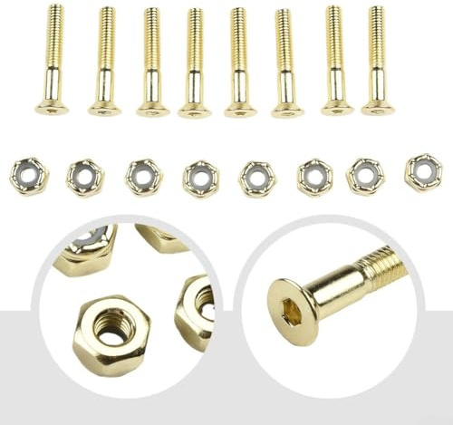 Gdfnmogo Replacement Skateboard Screws and Nuts, 16Pcs Set with Lasting Medium Carbon Steel, Anti-Rust Treatment, M5 Thread for Longboard Hard(Gold M5×28mm)