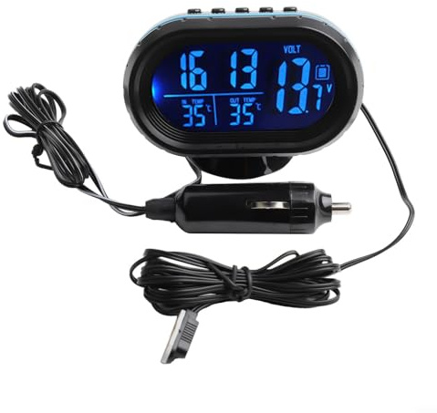 Voltmetro digitale per auto da 12 V con orologio, misuratore di temperatura e umidità, tester di tensione della batteria per interni ed esterni del veicolo (blu)