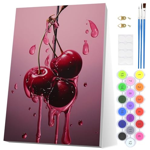 EOBROMD Cerezas Pintar por Numeros Adultos, Pintura por Numeros con Marco, Kit de Pintura al óleo de Lienzo DIY para con Pinceles, Pigmento Acrílico, Decoración para el Hogar 20x30cm