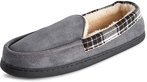 Polar Mens Memory Foam Duel Size Moccasin Loafer Outdoor Durable Rubber Sole Cozy Faux Fur Plush House Slipper - Grey Suede - UK12-13/EU46-47 - EA0635