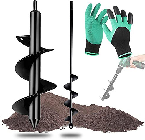 Ledph 2 Pcs Gartenpflanzen Spiralbohrer, Hand Erdlochbohrer (8x30cm & 4x22cm), Erdbohrer für Akkuschrauber, Erdbohrer Elektrisch fur Um Blumen und Sträucher Einzupflanzen, mit 1pcs Gartenhandschuhe