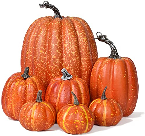 Lvydec Artificial Pumpkins Set Harvest Decoration, 7pcs Assorted Size Orange Pumpkins Realistic Large Pumpkins for Halloween Thanksgiving Autumn Festive Party Supplies (Orange)