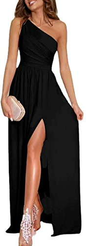 Nuevo Sexy Color SóLido Un Hombro Hollow Halter Cintura Alta Hendidura Maxi Vestido De Mujer
