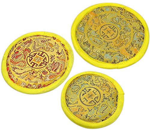 Vaguelly 3 Stück Pad für Klangschale, 10/12/14cm Tibetische Klangschalen Unterlage Baumwolle Kissen mit Traditionellen Mustern, Glas Untersetzer, gelb