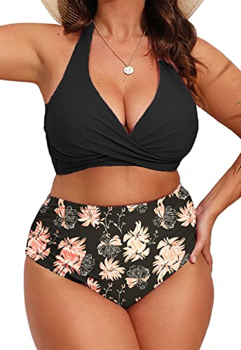 Yutdeng Mujer Bikini Talla Grande Braga Alta Bikini Push Up con Relleno Halter Cuello V Vientre Plano Pliegues Bañadores Mujer Tallas Grandes Natacion Playa Trajes de Baño Dos Piezas,Rosa,3XL