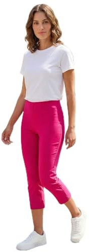 Roman Cropped Trousers for Women UK Ladies Capri Leggings Summer Pants Short Crop Stretch 3/4 Length Three Quarter Pedal Pusher Clothes Elasticated Bengaline Cut Off - Petite Cerise - Size 8