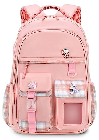 FANDARE Zaino per bambini Zainetti Cartelle Zaino Scuola Elementare Zaino Casual Ragazze Ragazzi Zainetto per Studenti Primarie Viaggiare con ciondolo in peluche & Badge carino Rosa